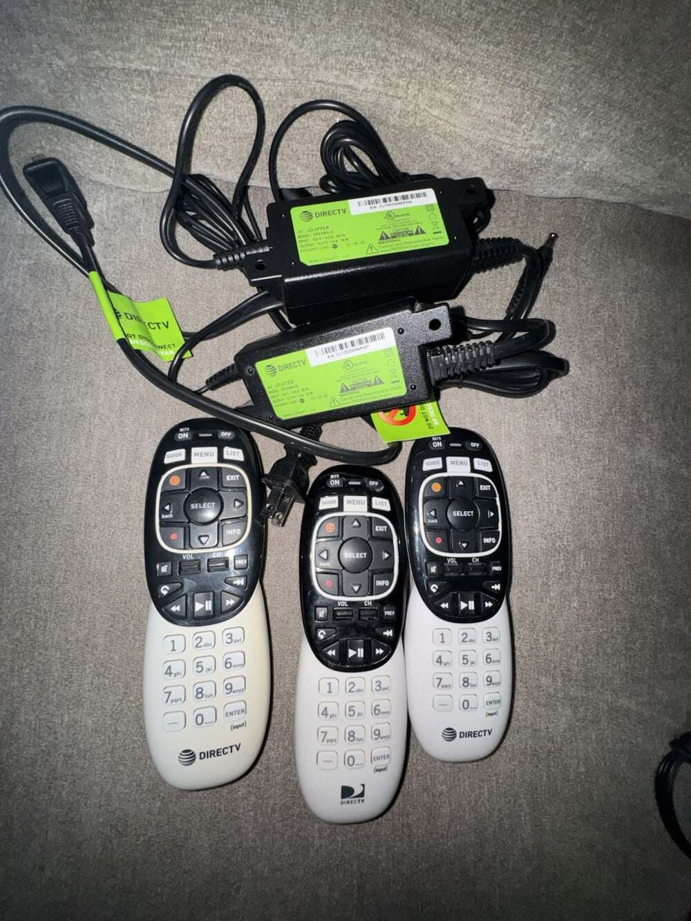 Lot of 3 DirecTV RC73 Remote Controls and 3 EPS10R4-15 Power Adapters